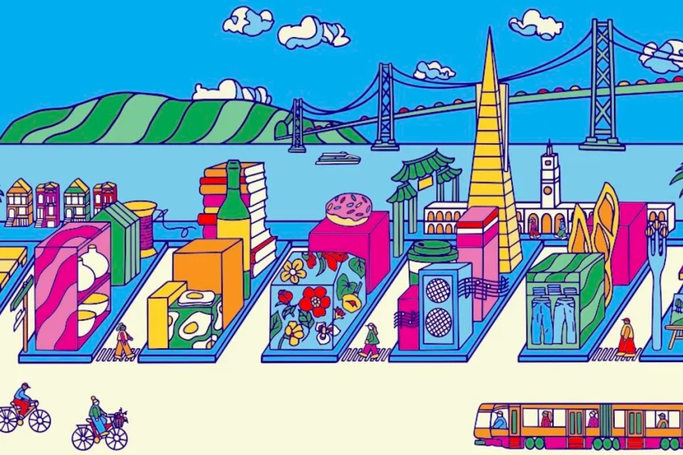 Colorful illustration of San Francisco downtown.
